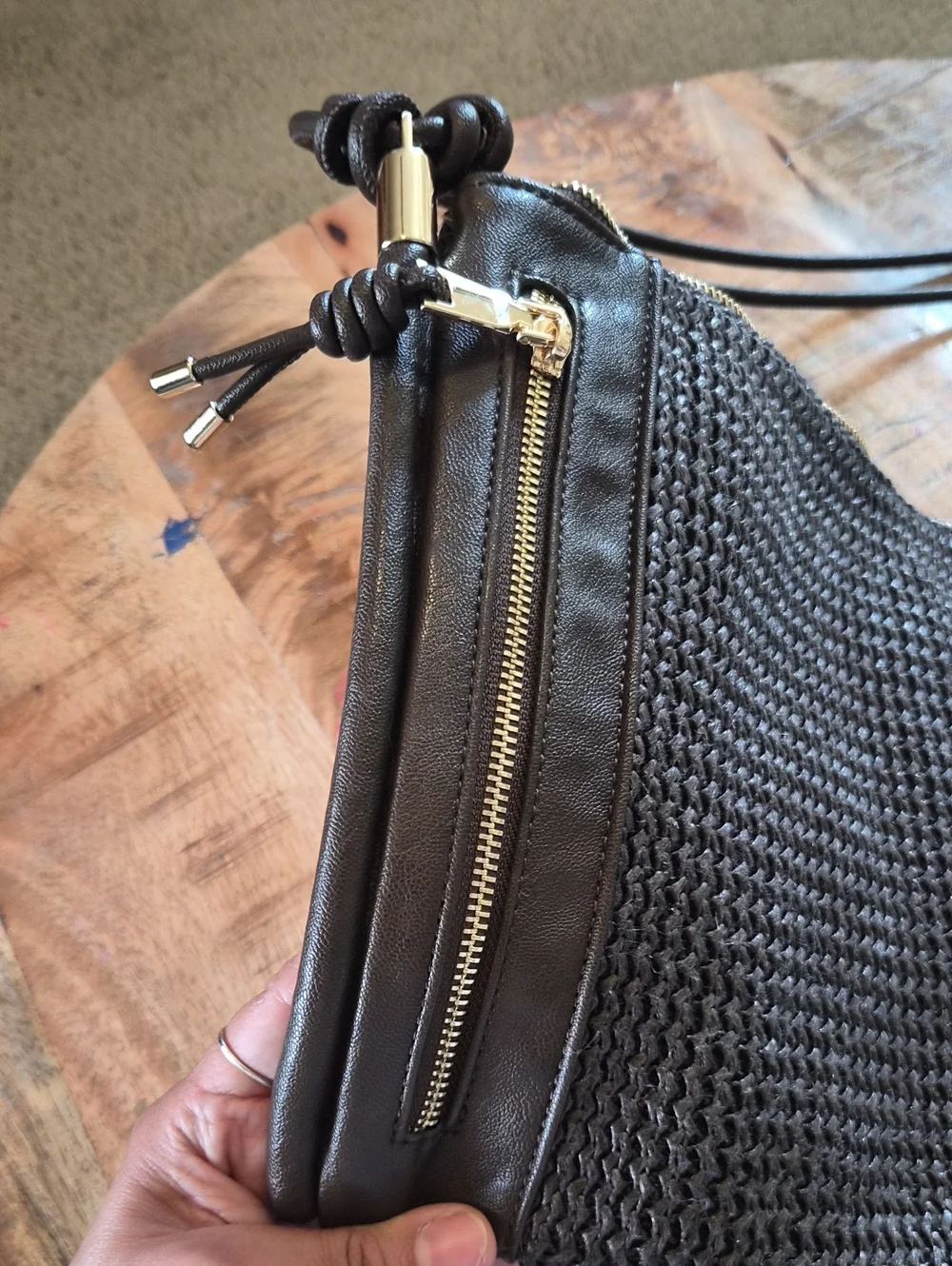 Dolce Vita Woven Leather Shoulder Bag in Dark Brown